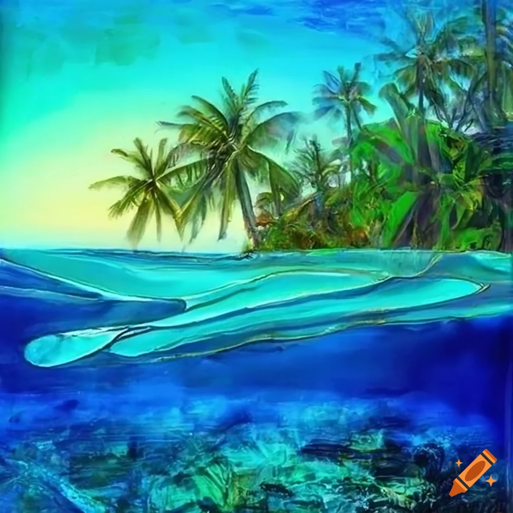 Vibrant abstract painting of tropical island and crystal clear sea on