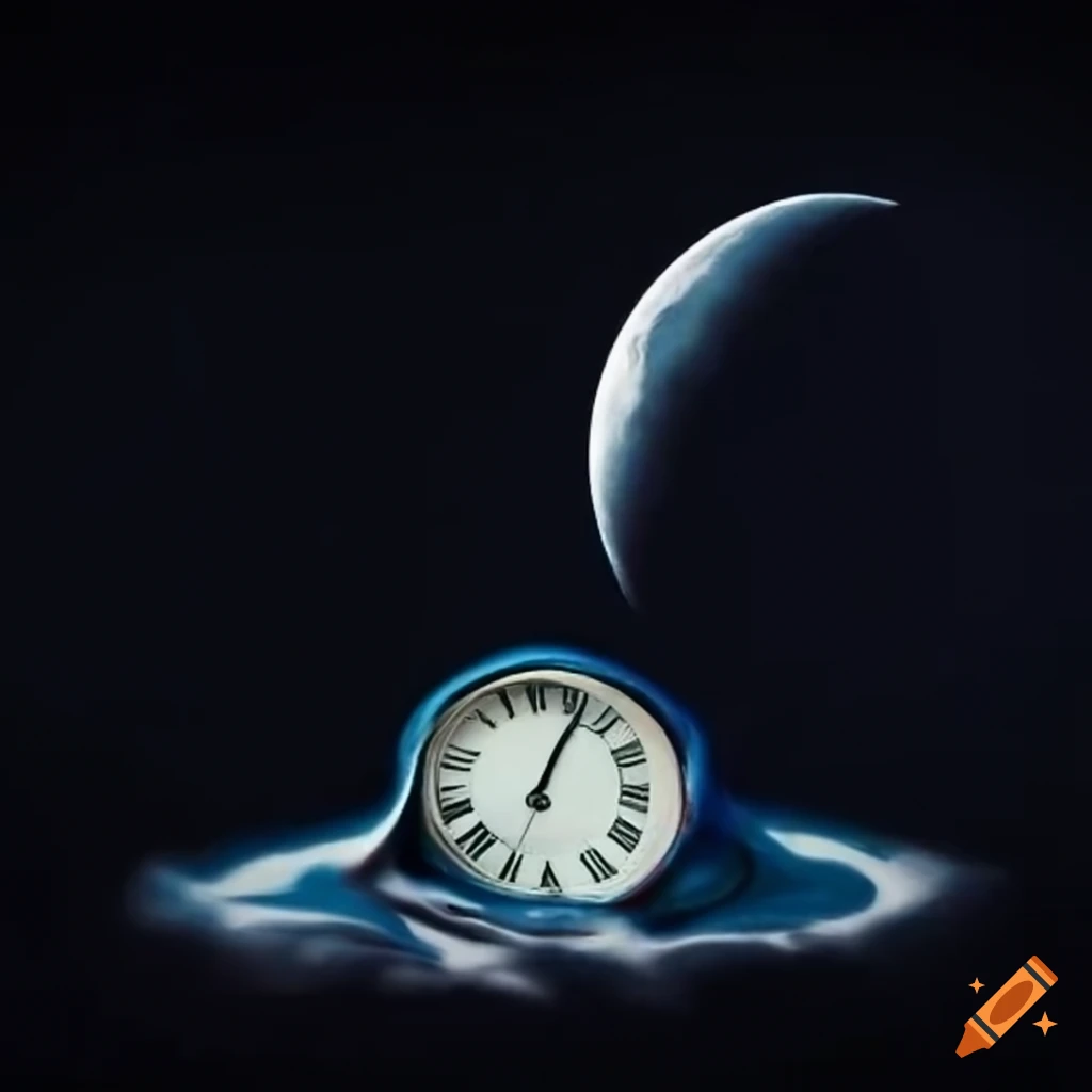 surreal clock melting in front of a crescent moon