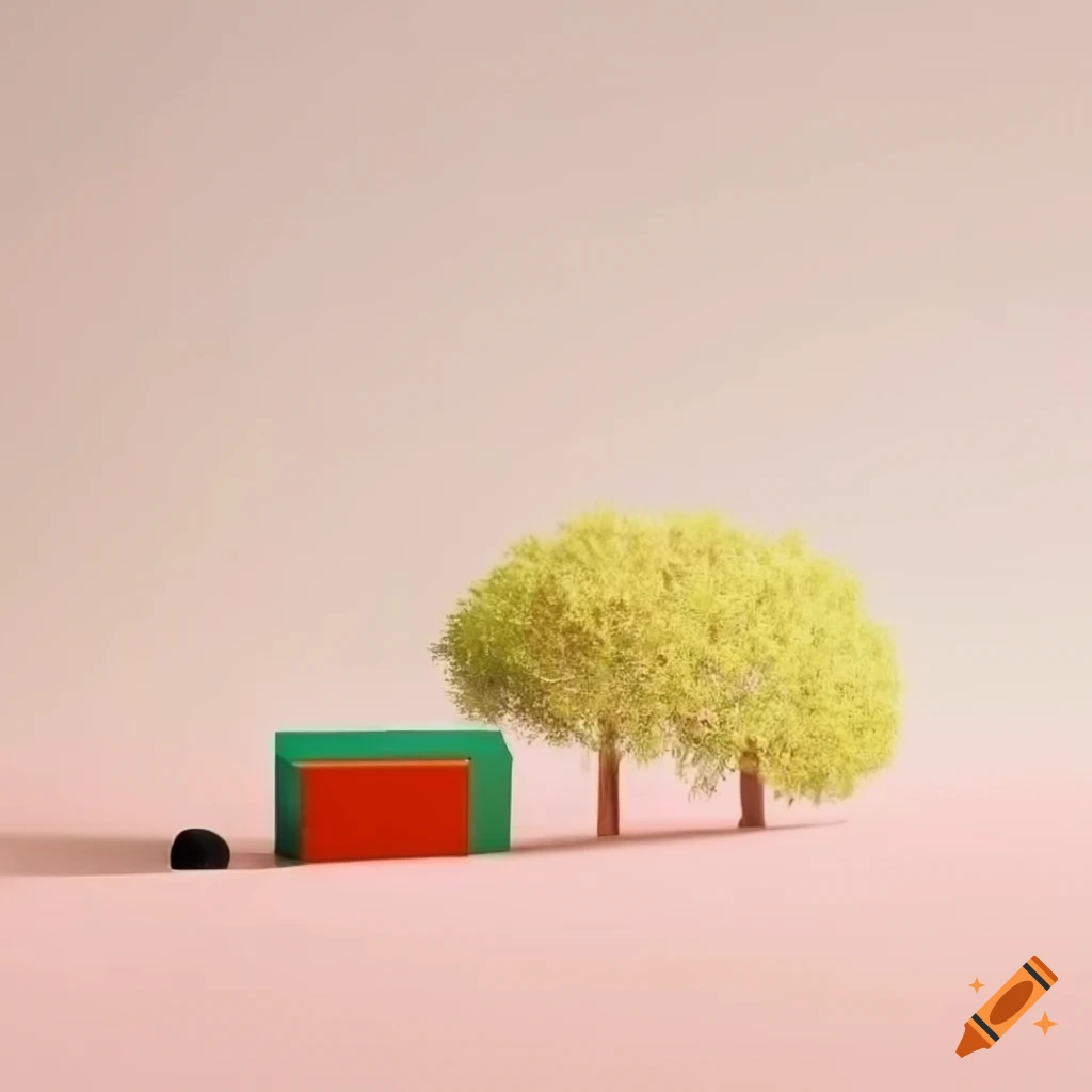 Minimalist landscape with beige, green and red objects