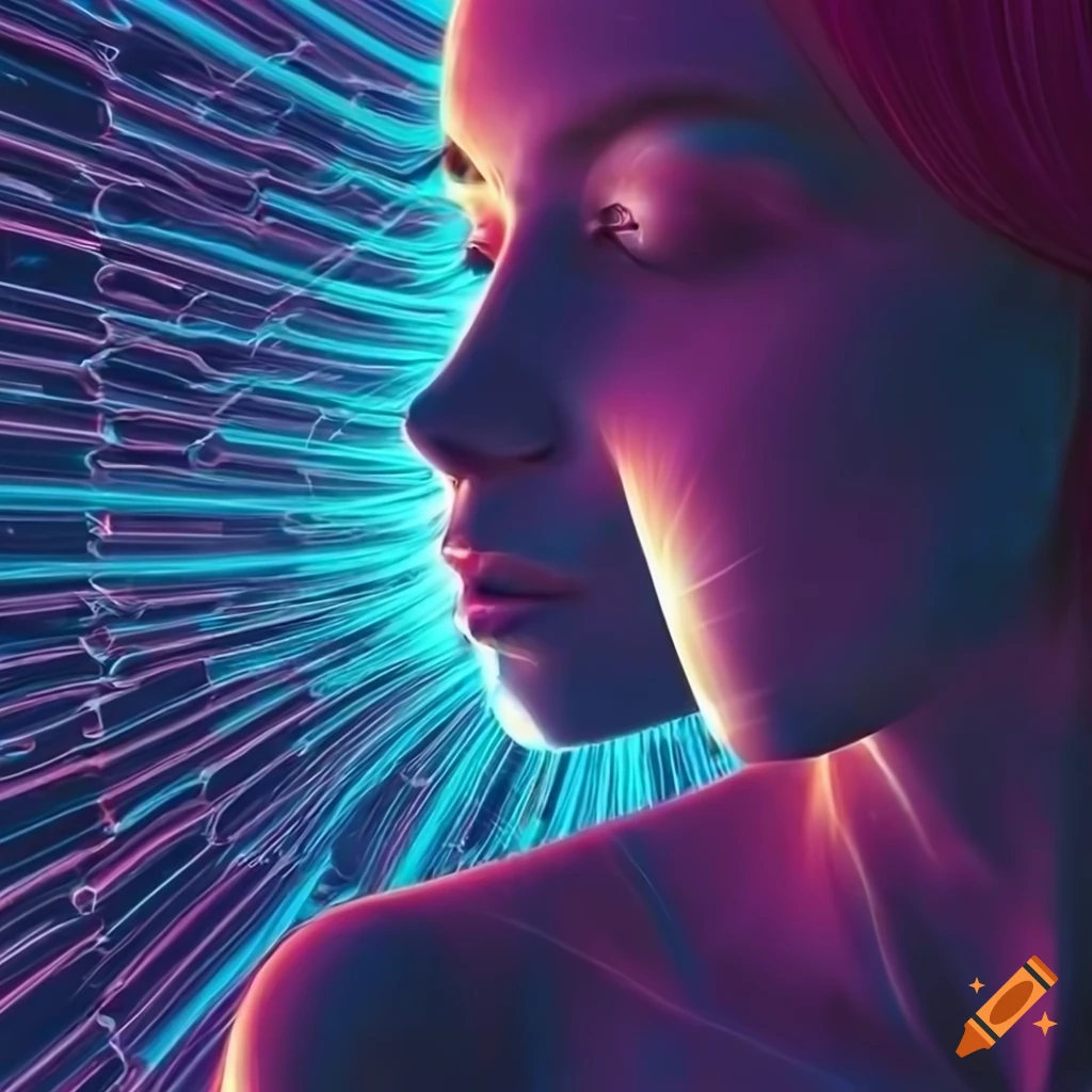 abstract digital artwork of a woman observing a black hole