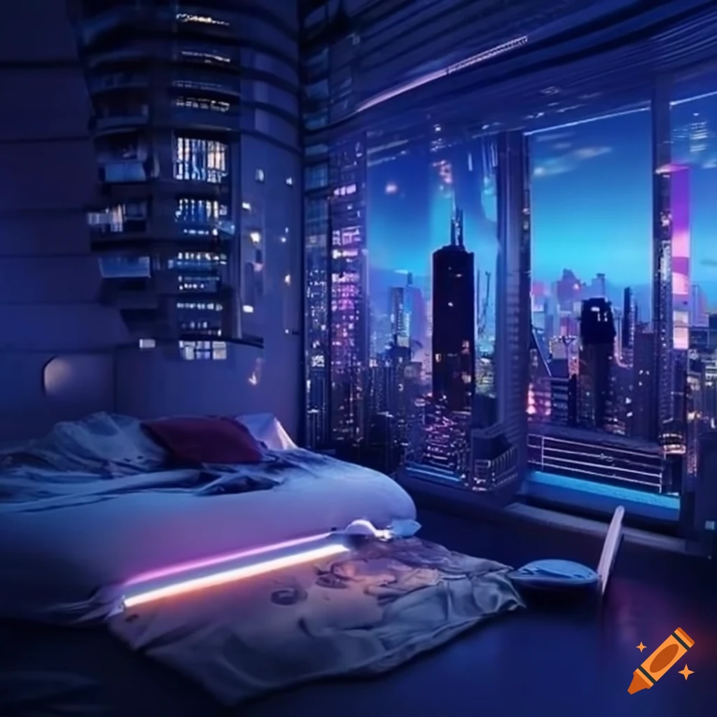 futuristic bedroom with city view in cyber Tokyo