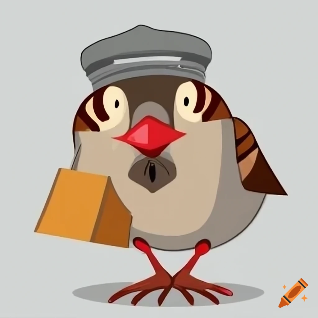 sparrow wearing a delivery hat with a fast food package