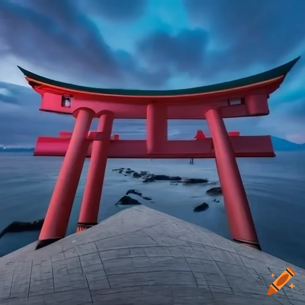 futuristic Japanese torii in wide angle view