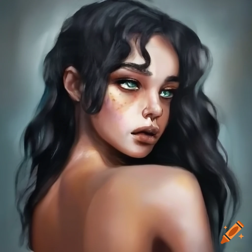 portrait of a girl with black wavy hair and freckles
