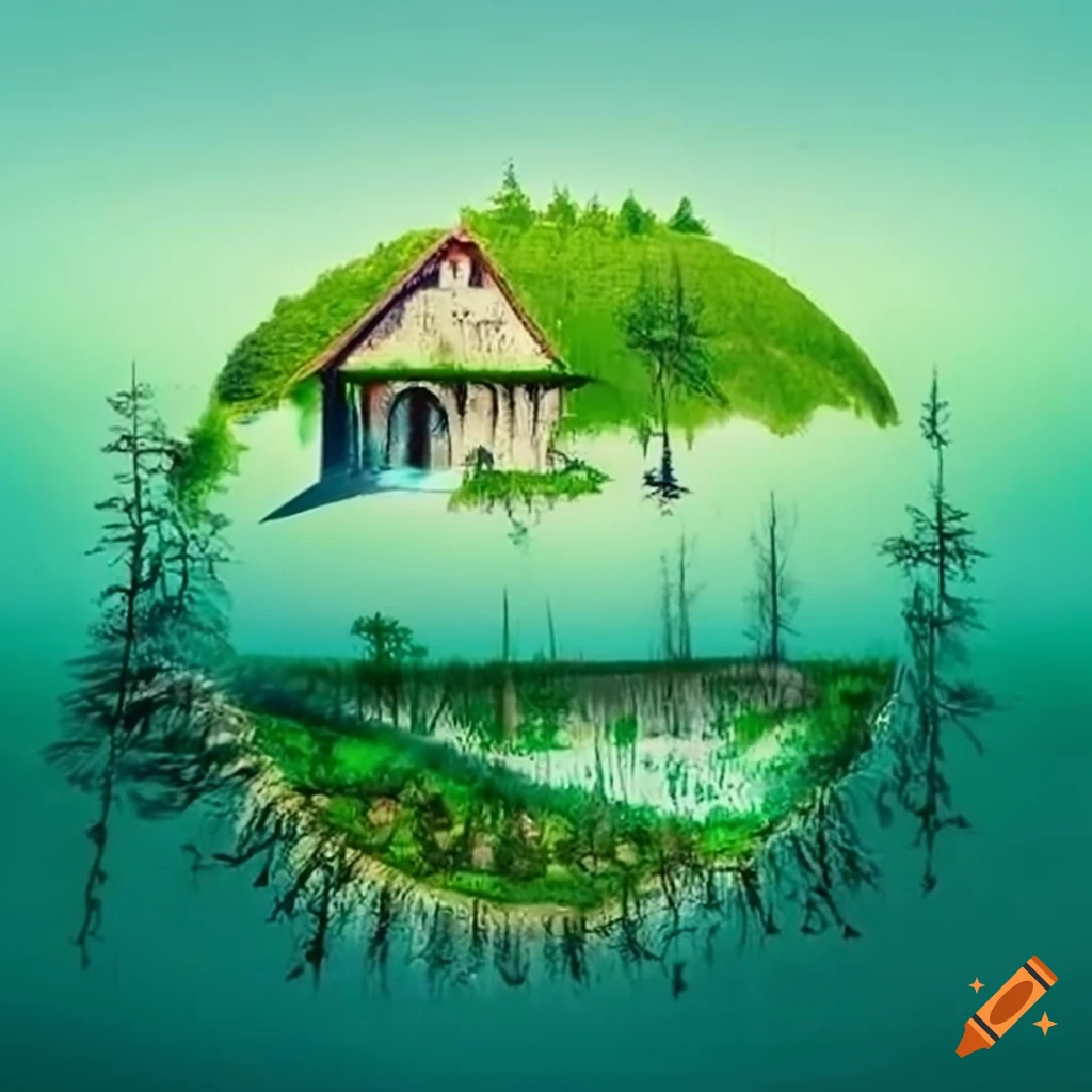 Artistic representation of a house made of water and weed on Craiyon