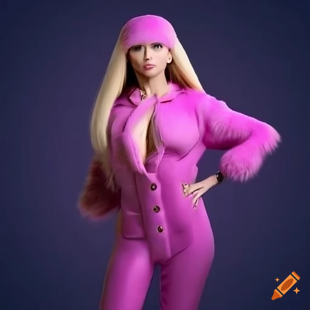 elegant woman in a pink fur ski suit