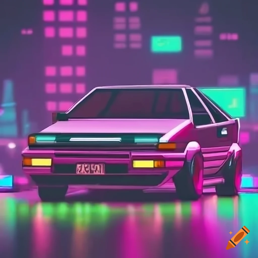 neon cityscape with a parked Toyota Corolla AE86