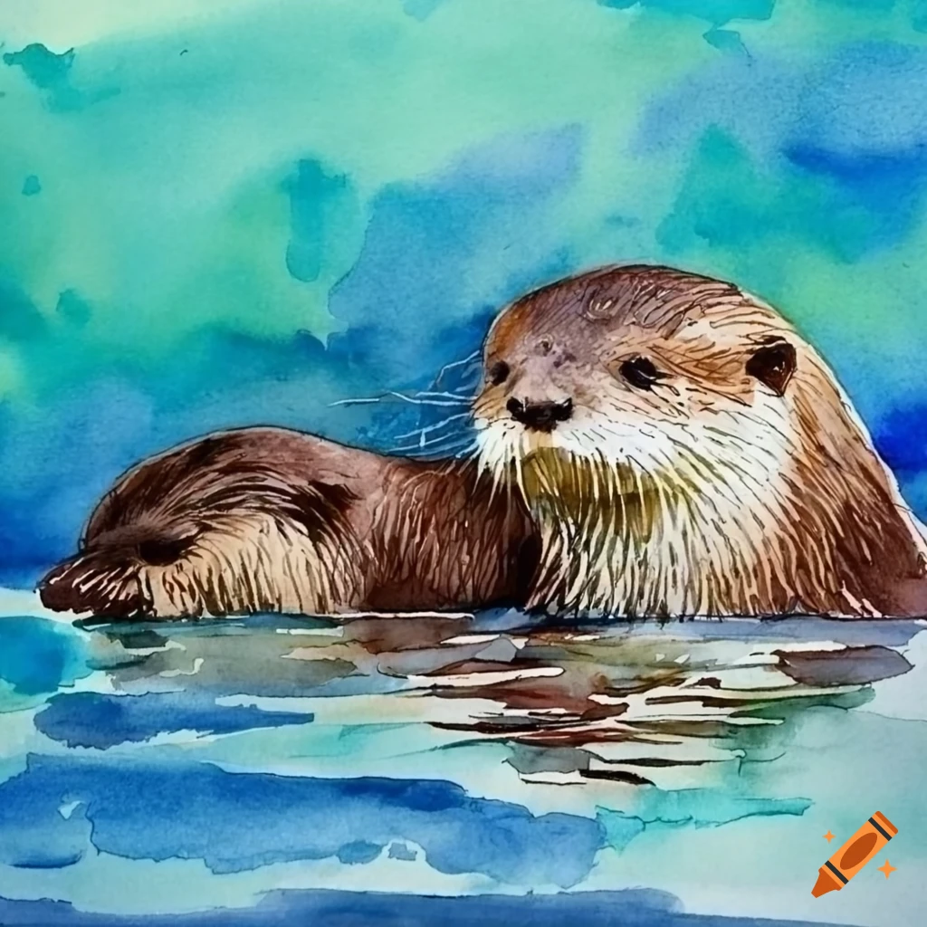 Watercolor of a family of otters
