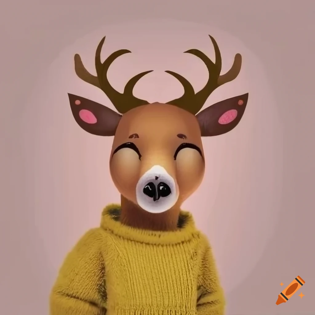 cartoon-like deer in a yellow sweater in snow at sunset