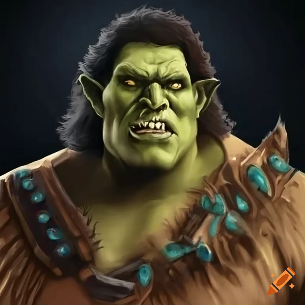 Illustration of a half-orc warrior inspired by andre the giant on Craiyon