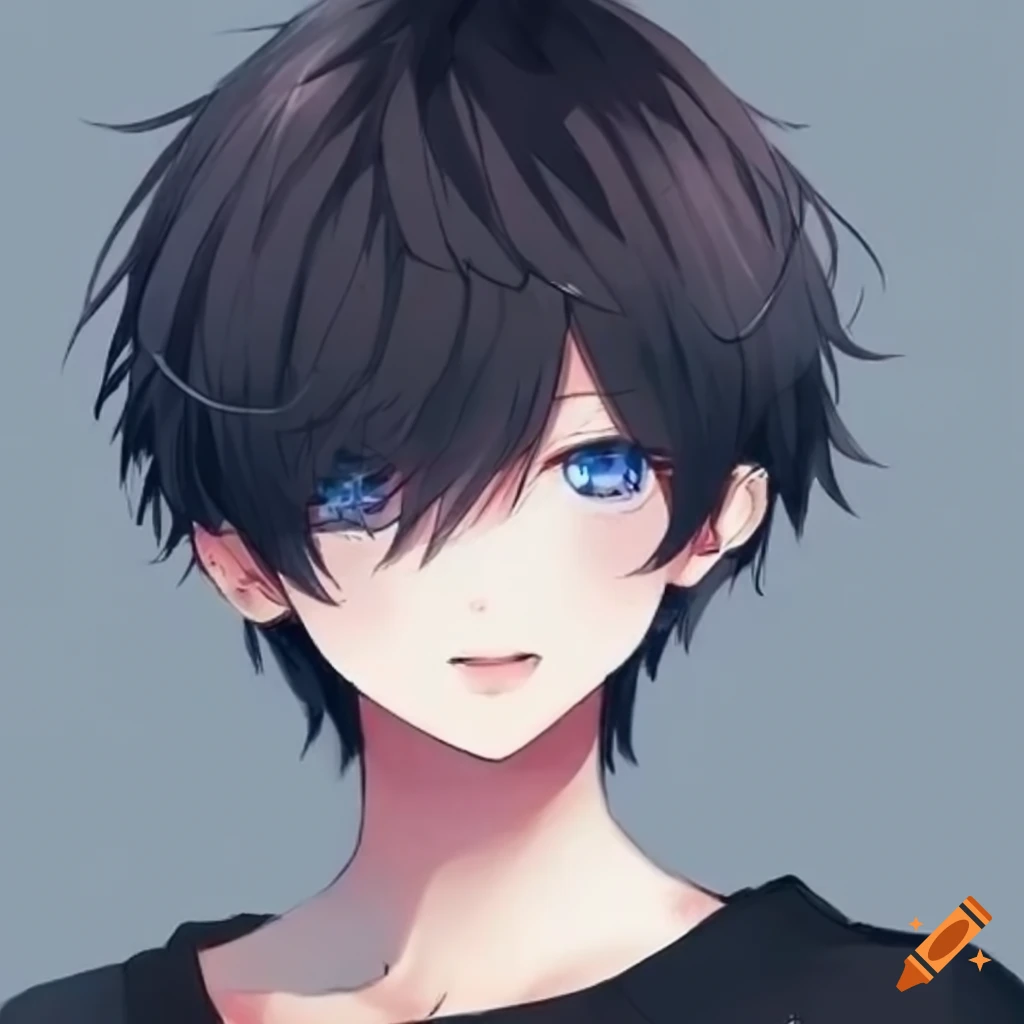anime boy with black hair and blue eyes
