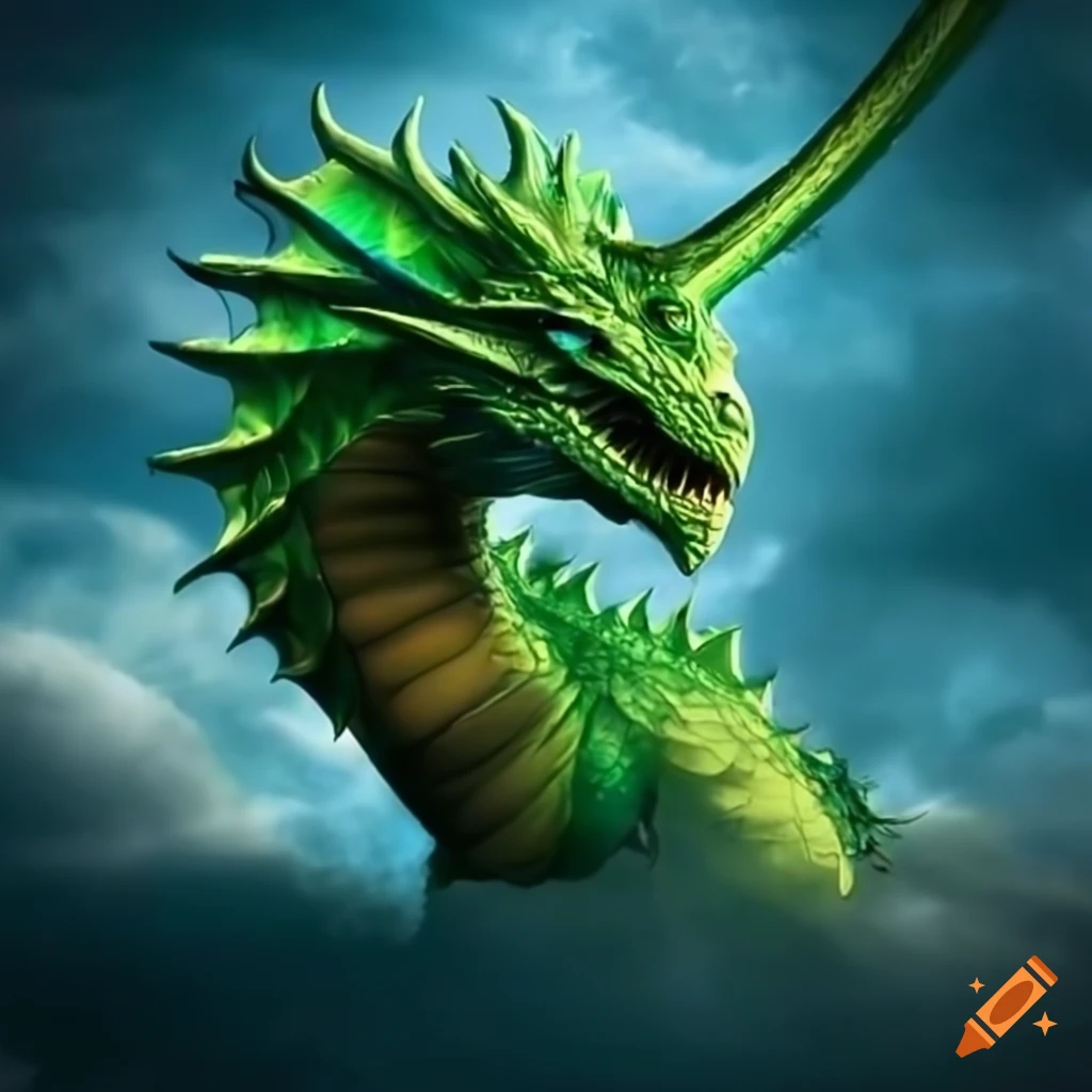 Artistic depiction of a flying green dragon