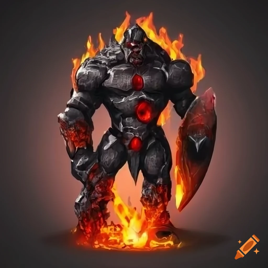 fantasy artwork of a rock golem wielding a spear and shield