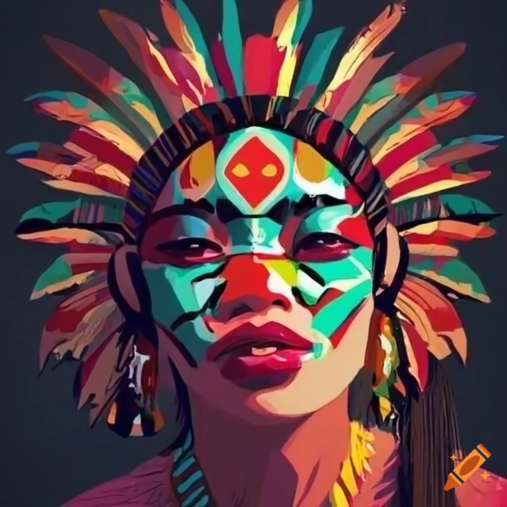 cartoon-style art with indigenous references