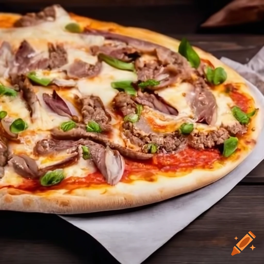 Delicious pizza with beef and spring onion on Craiyon