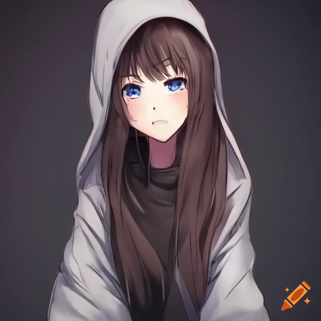Anime girl with dark brown hair and oversized hoodie on Craiyon