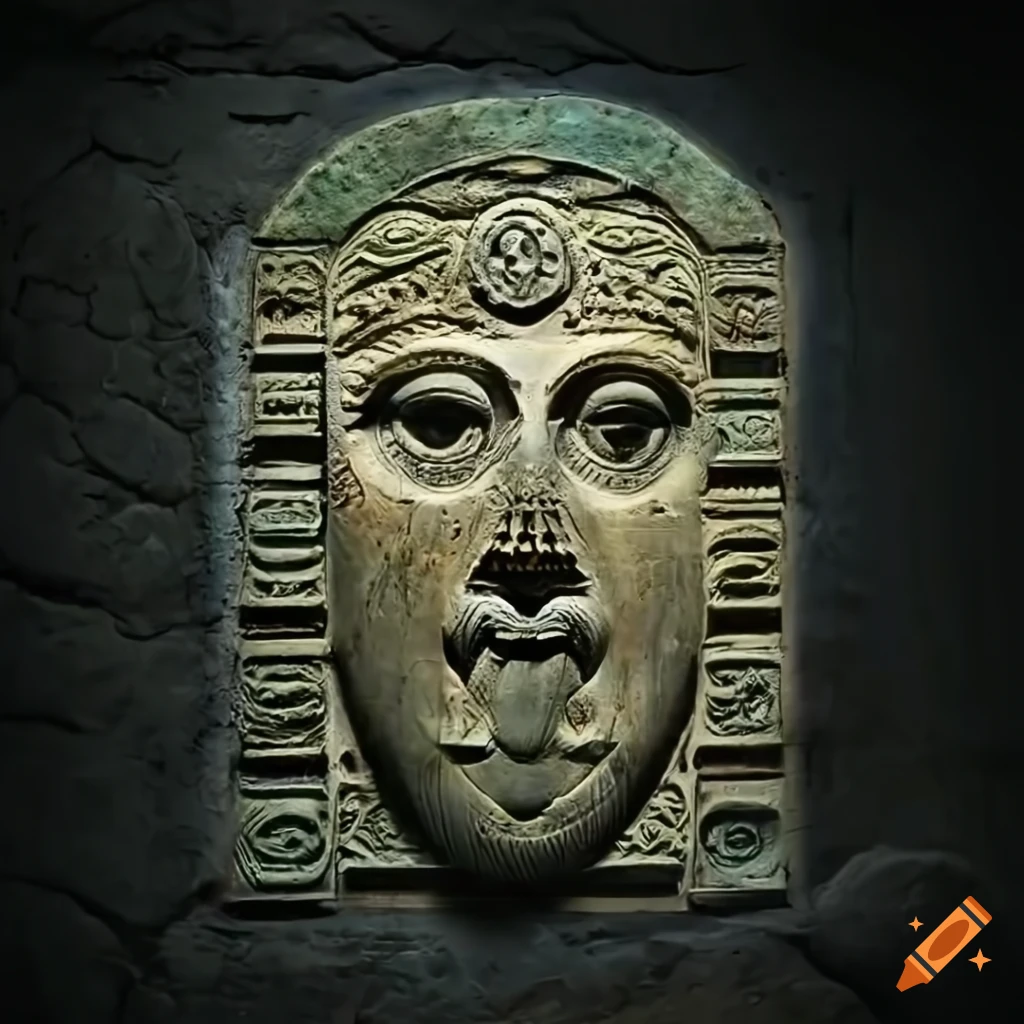 Engraved etruscan letters with the allseeing eye on a stone door on