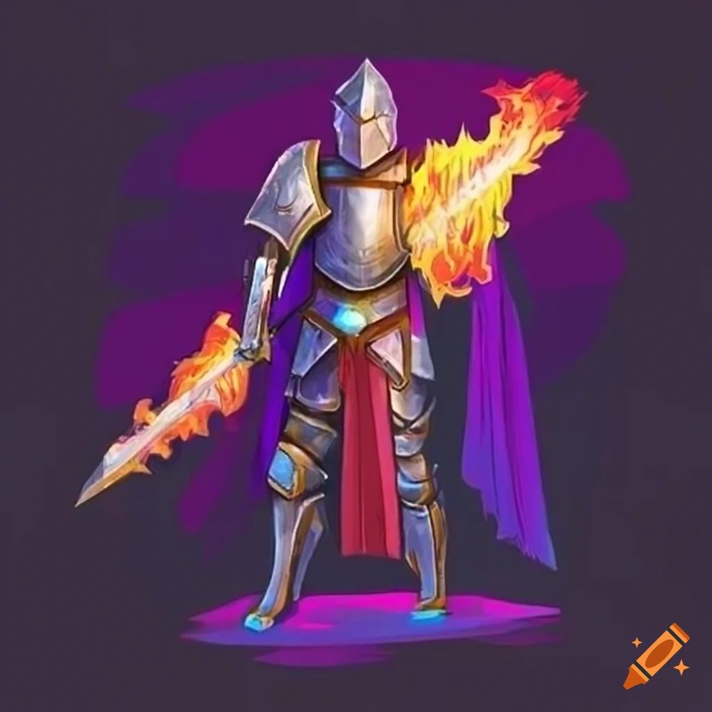 Image of a paladin wielding a flaming purple sword on Craiyon
