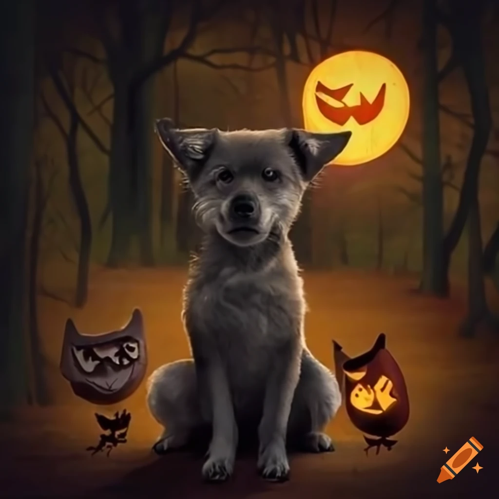 Spooky halloween forest with a lost dog on Craiyon