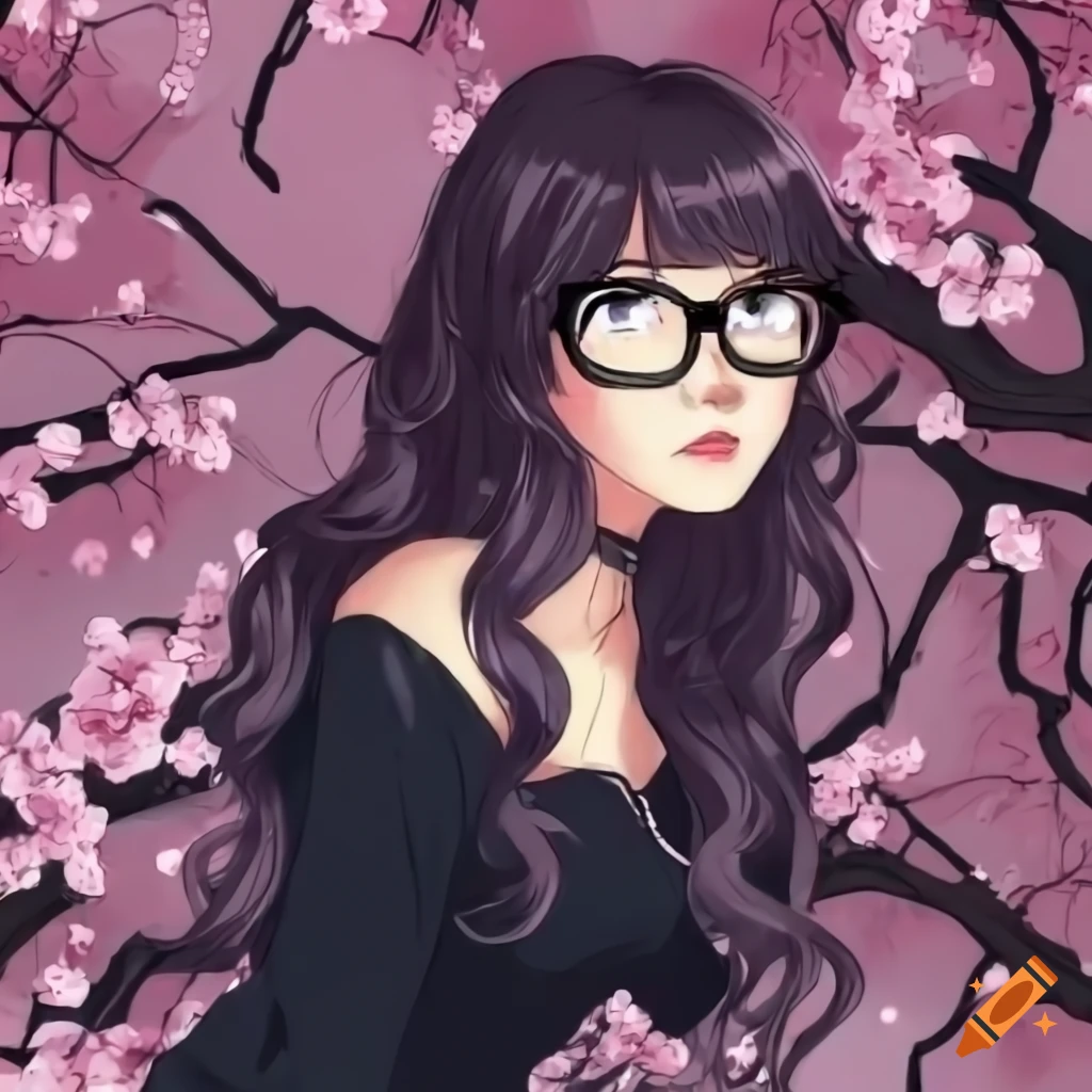 detailed illustration of a cute girl under a cherry blossom tree