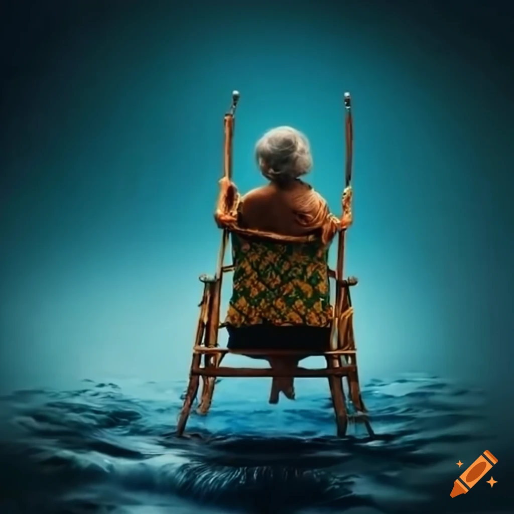 Artwork of an old woman on a rocking chair over a waterfall