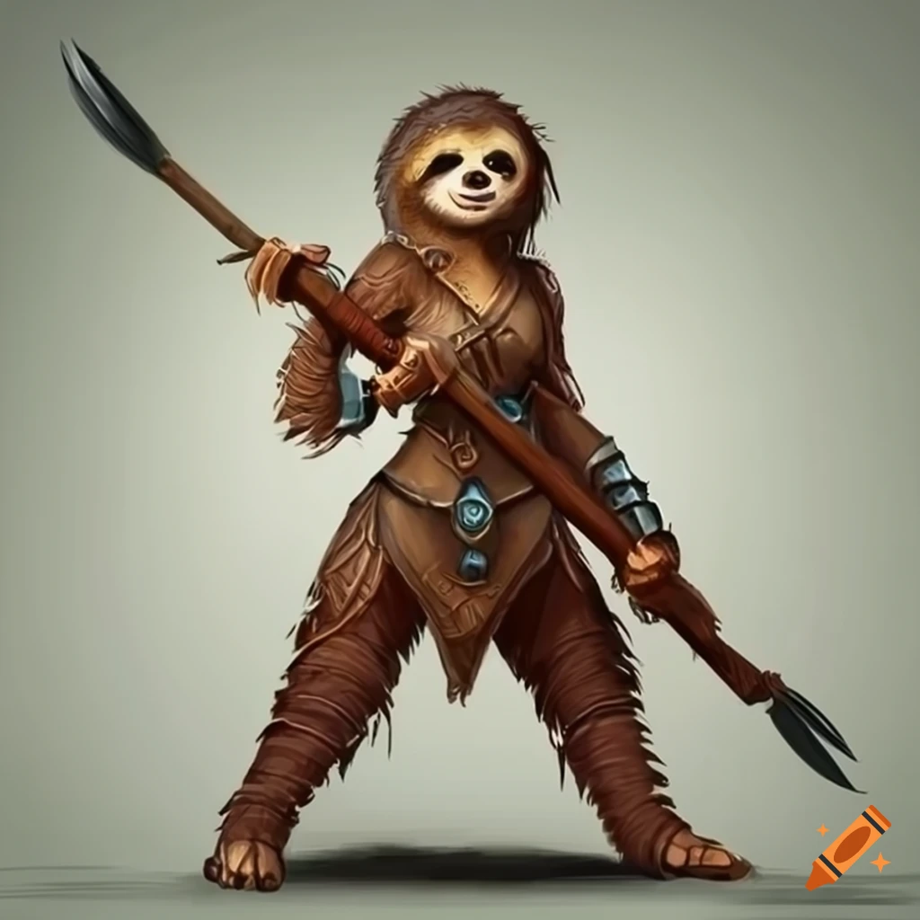 Illustration of a female sloth warrior in hardwood armor on Craiyon