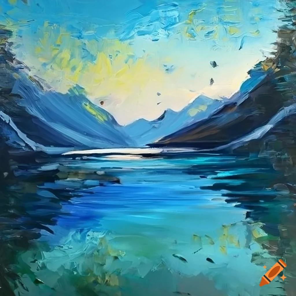 Palette knife artwork of a tranquil mountain lake on Craiyon