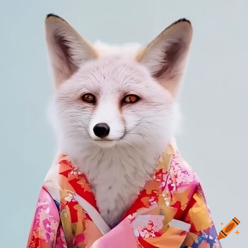 white fox wearing a flowery kimono
