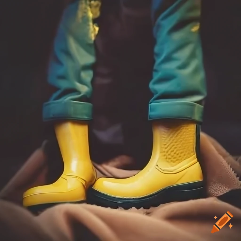 Close-up of yellow safety rubber boots on a blanket on Craiyon