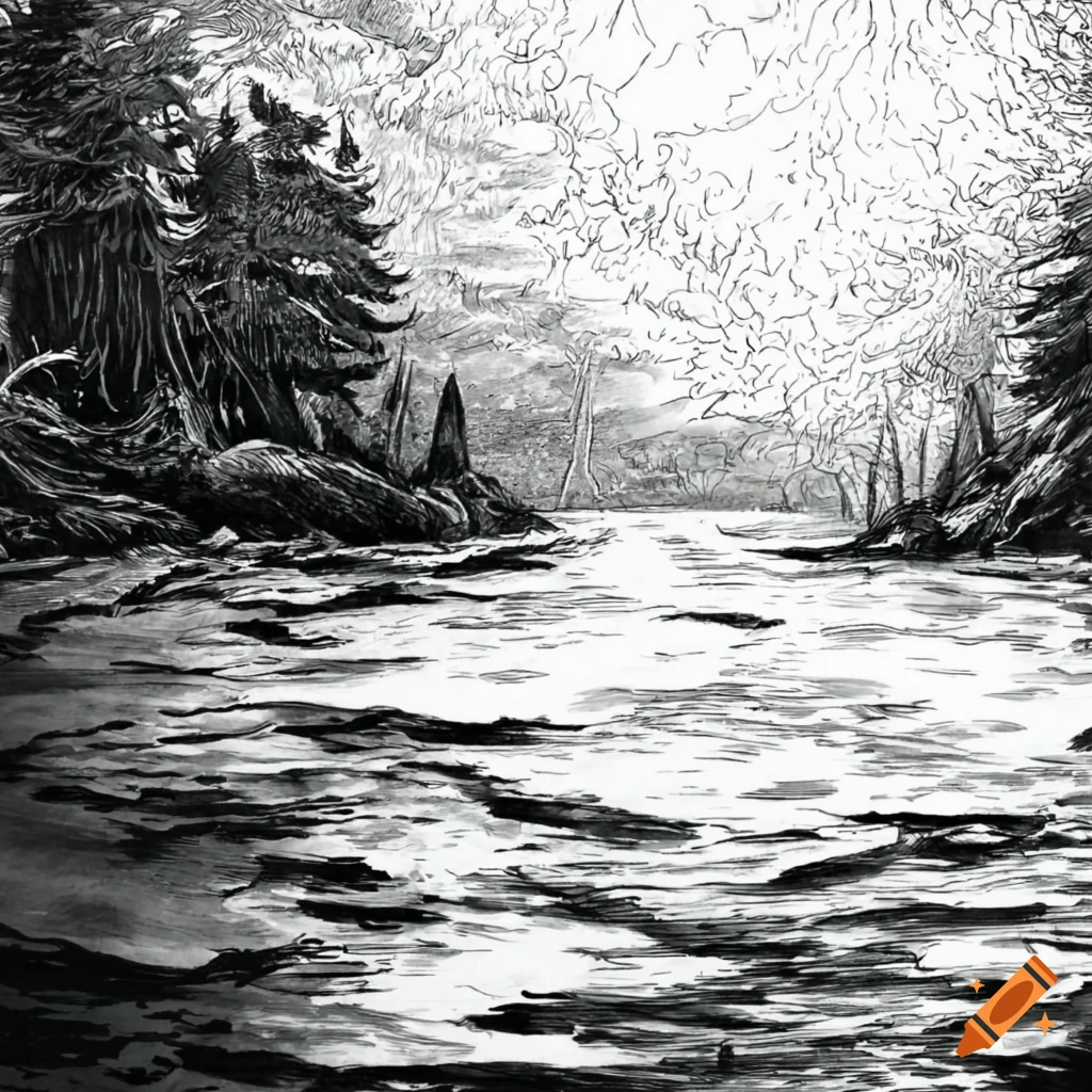 Detailed illustration of a river in berserk manga on Craiyon