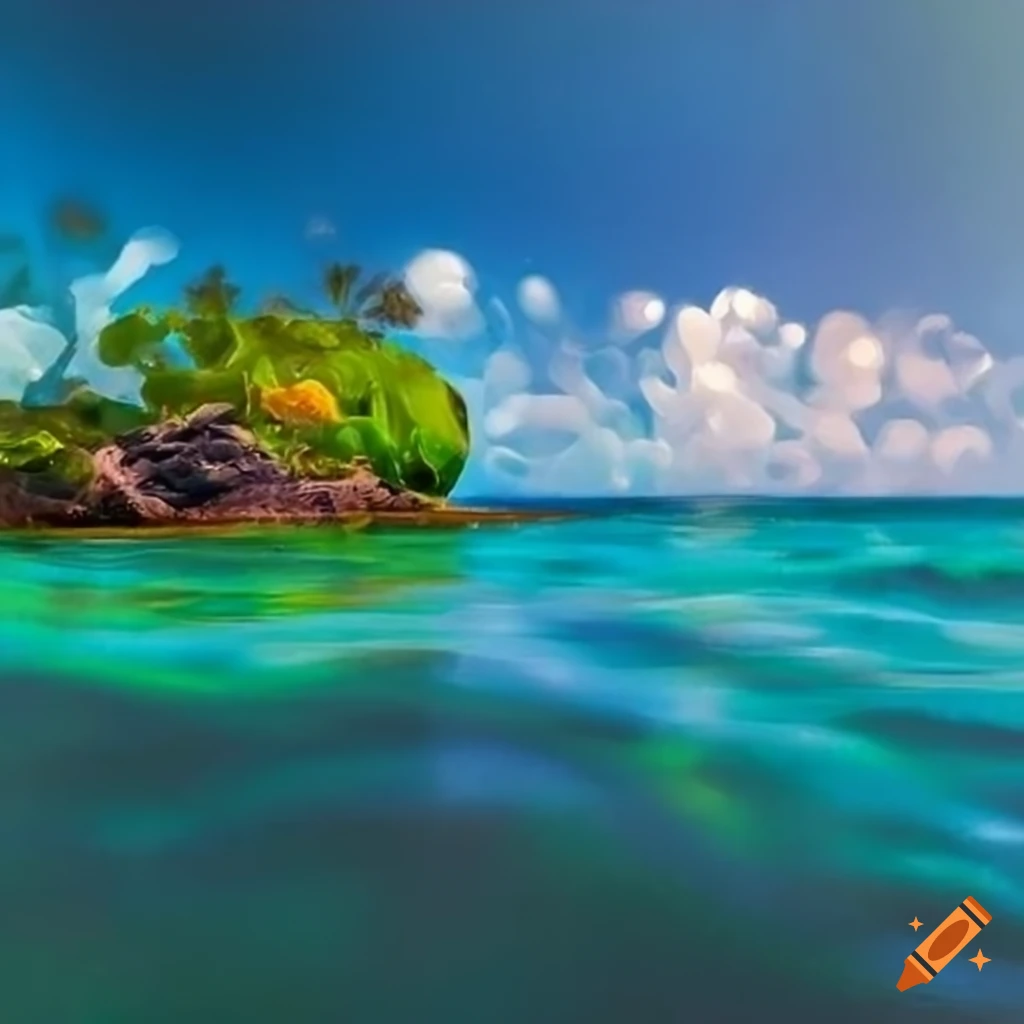 Vibrant abstract painting of tropical island and crystal clear sea on