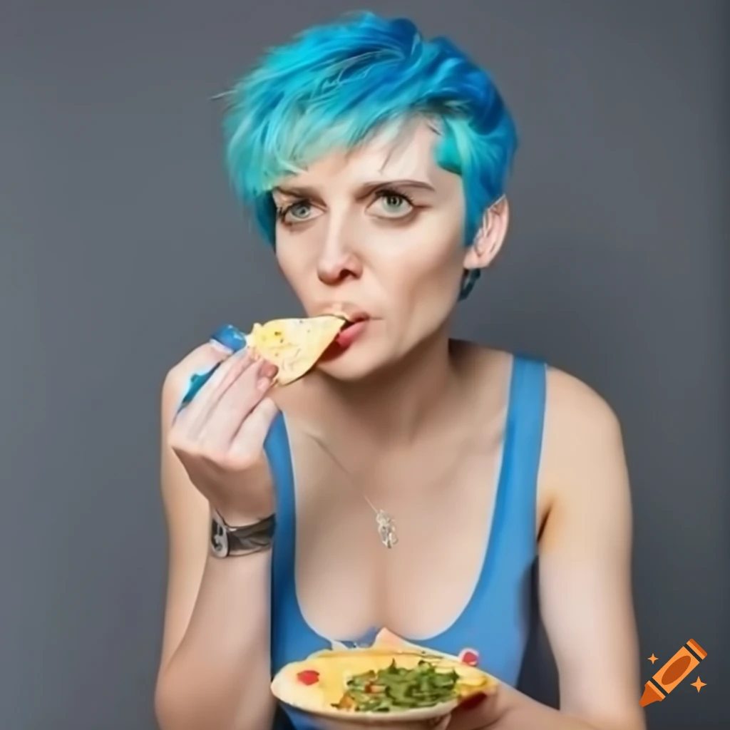  Blue-haired woman with a pixie cut eating queso on Craiyon