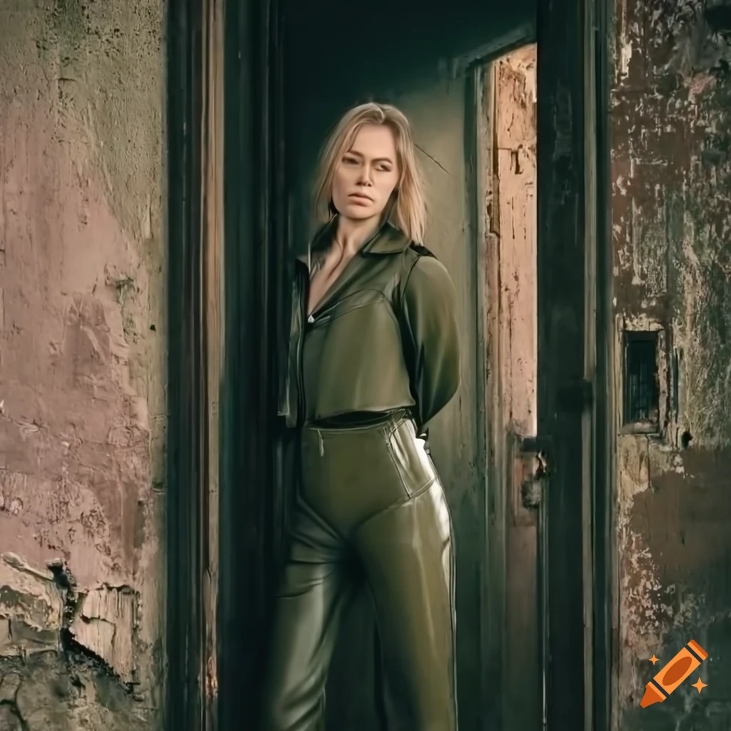 photorealistic depiction of a blonde actress in a bomber jacket and leather trousers