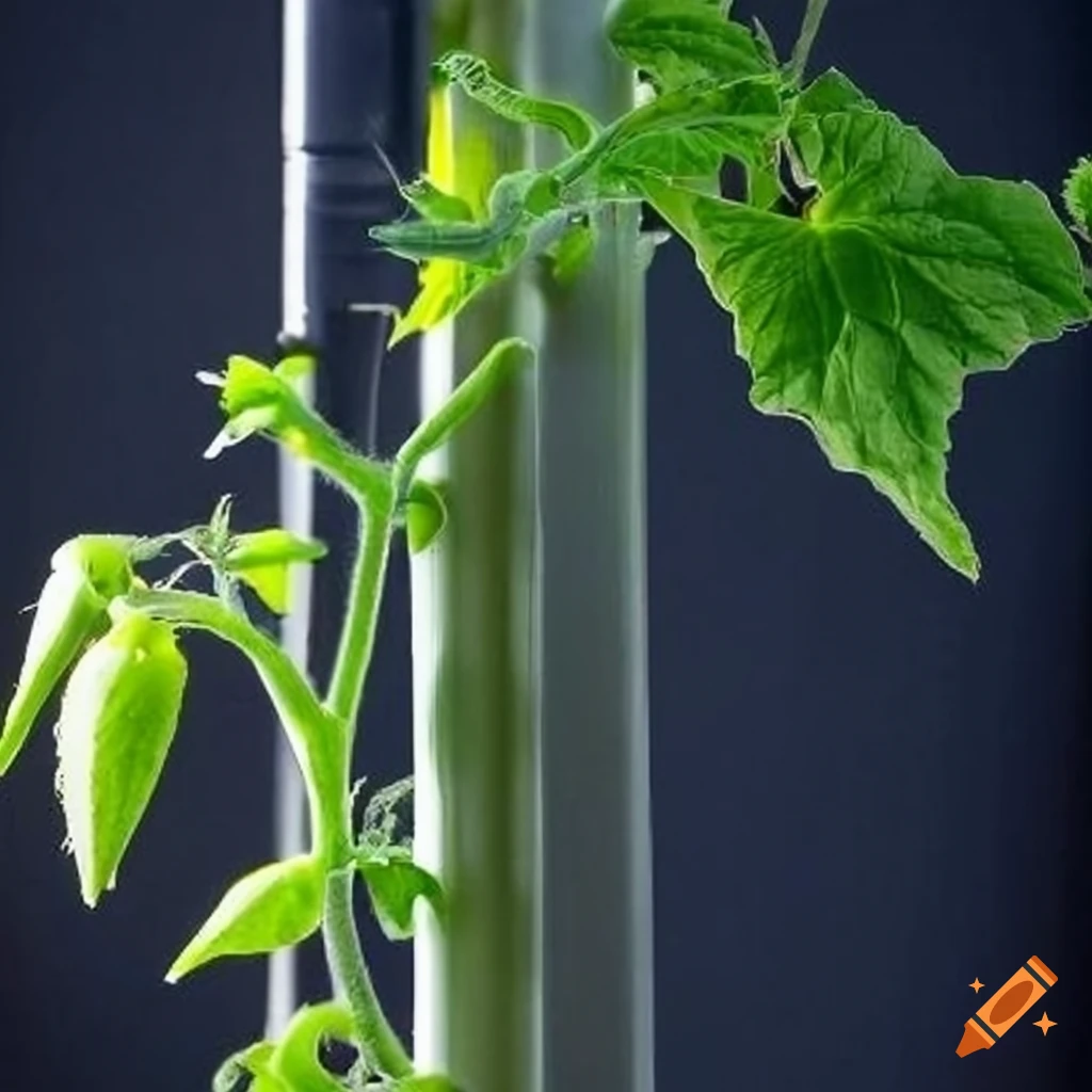 Tomato plant growing around a plastic support stake on Craiyon