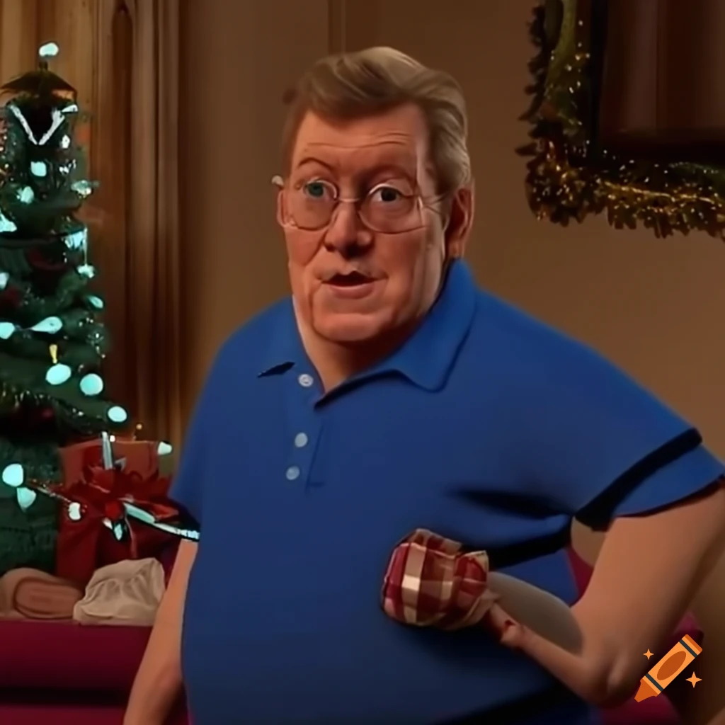 Portrait of a jolly man in a blue polo in a christmas-themed living ...