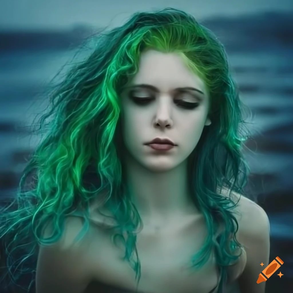 Image Of Sea Witch With Green Wavy Hair On Stormy Beach On Craiyon 1180