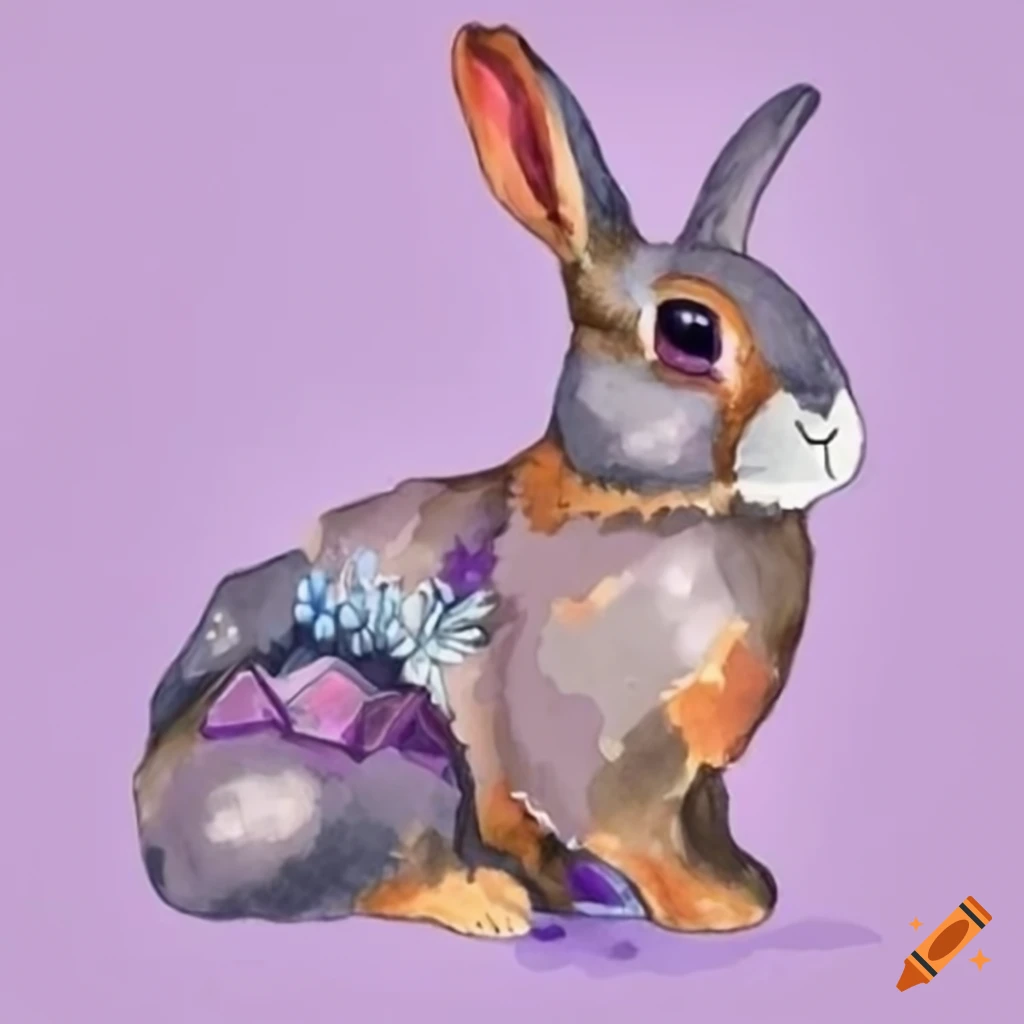 Watercolor of a cute rabbit with amethyst crystals and flowers on Craiyon