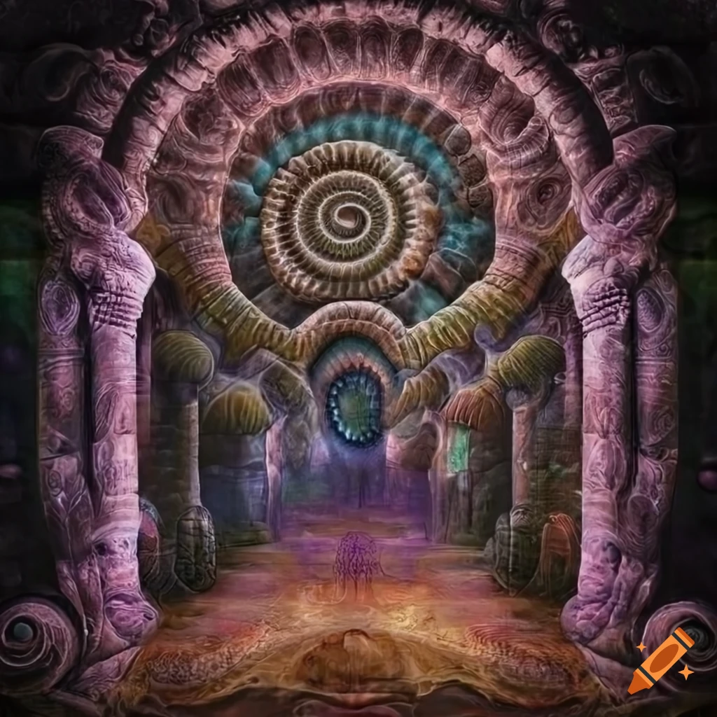 artistic depiction of a gabbro stone door with ammonite and spirals