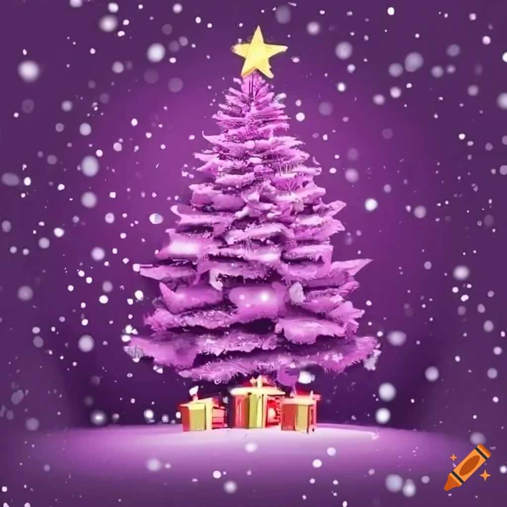 Purple presents under a snowy christmas tree on Craiyon
