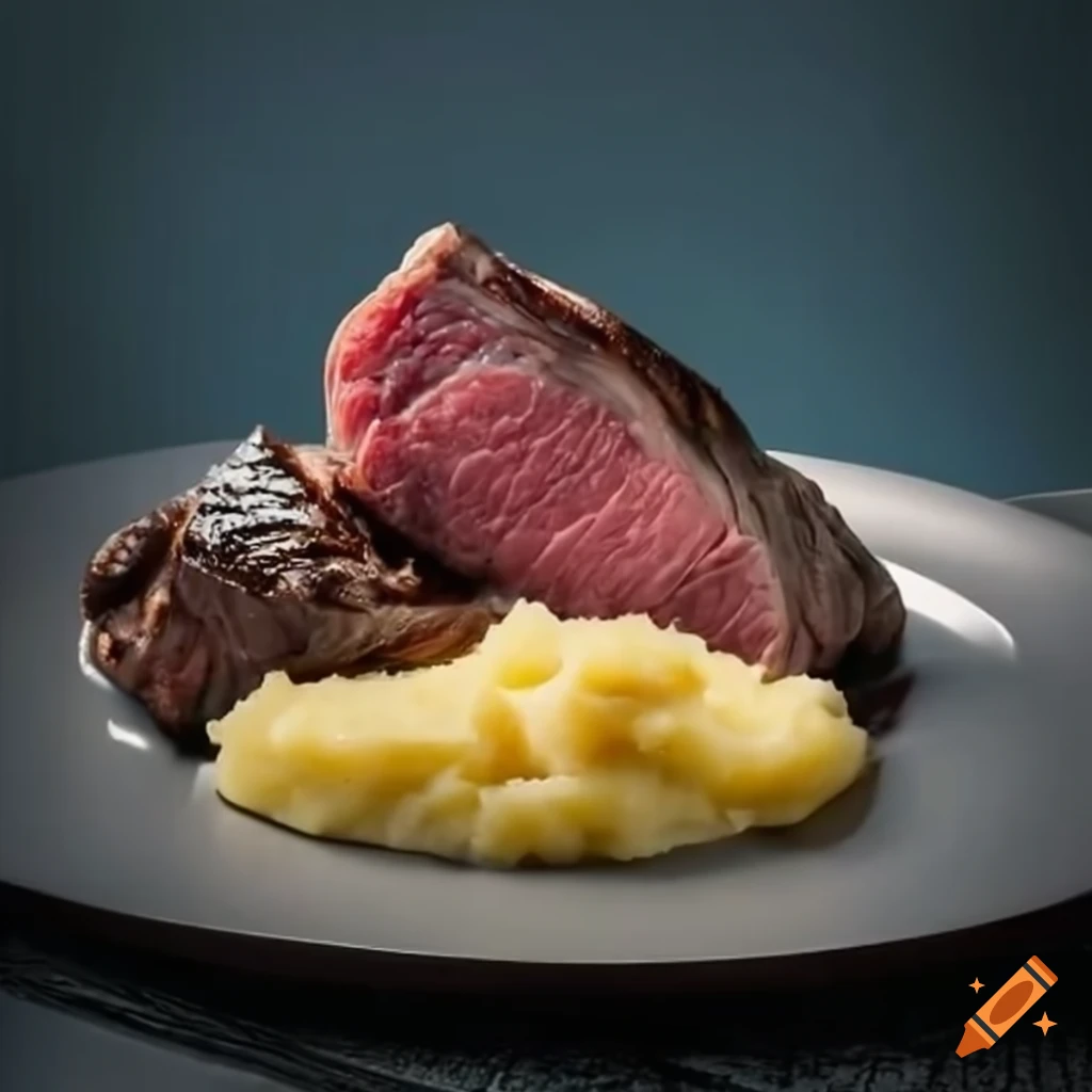delicious medium rare ribeye steak with mashed potatoes