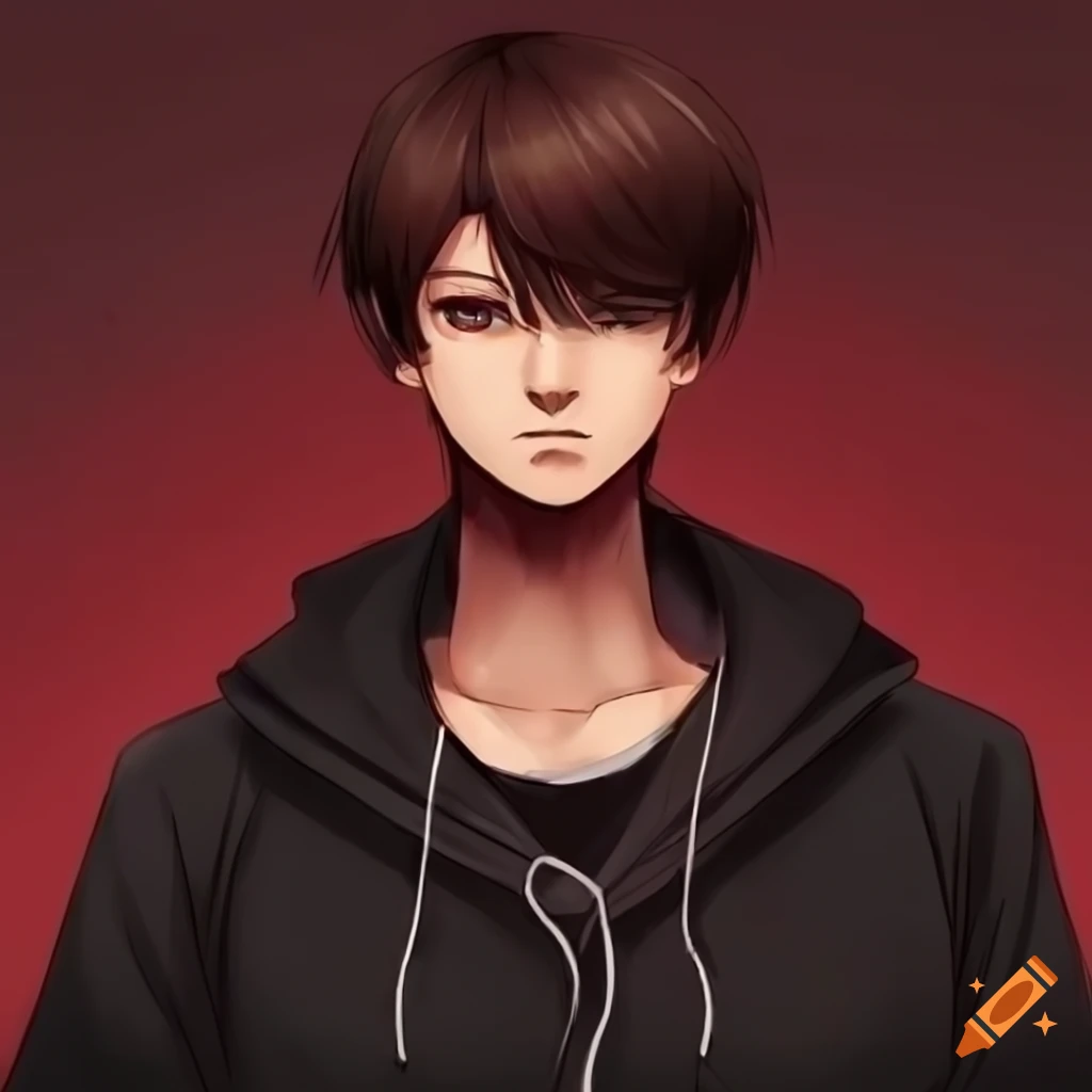 black hoodie anime character with dark hair and red eyes