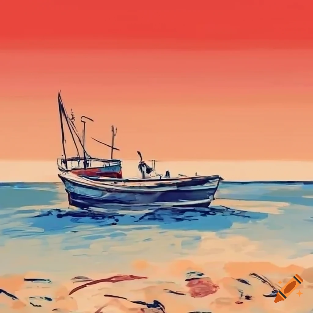 Cartoon sea landscape with a boat on Craiyon