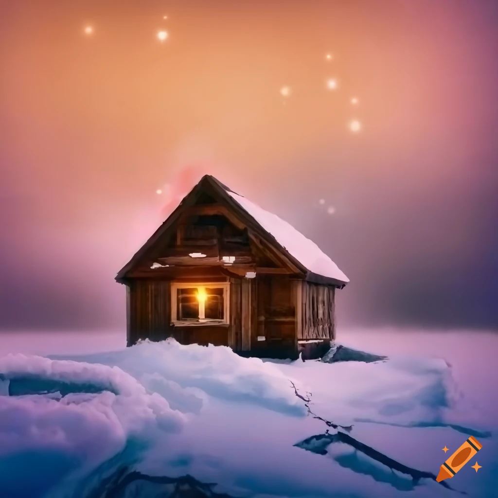 Cozy wooden house with Christmas lights in a snowy landscape on Craiyon