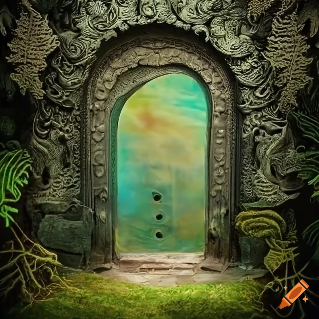 stone door with ammonite and spirals in Haeckel style