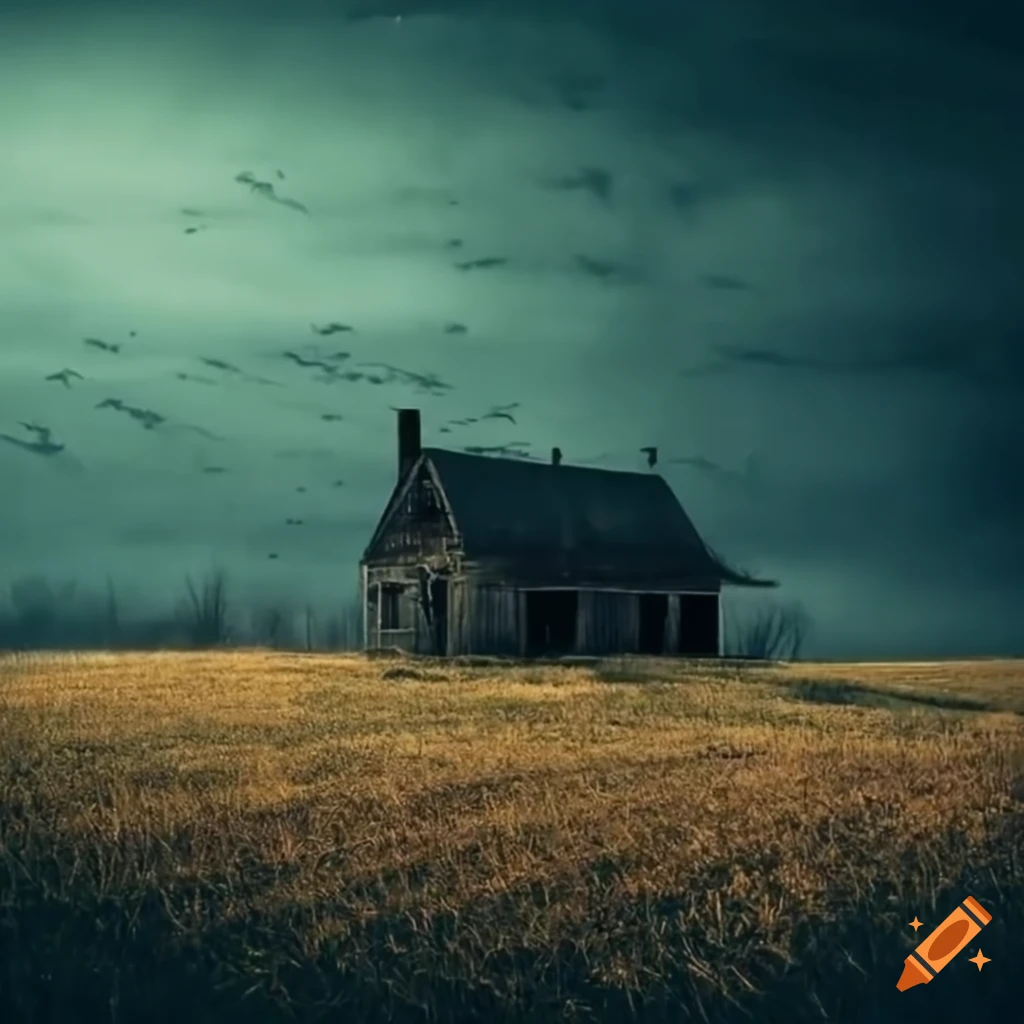 eerie image of an abandoned farm with scarecrows