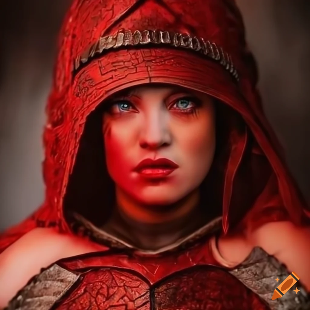 Hyperrealistic art of a fierce warrior woman in red armor on Craiyon