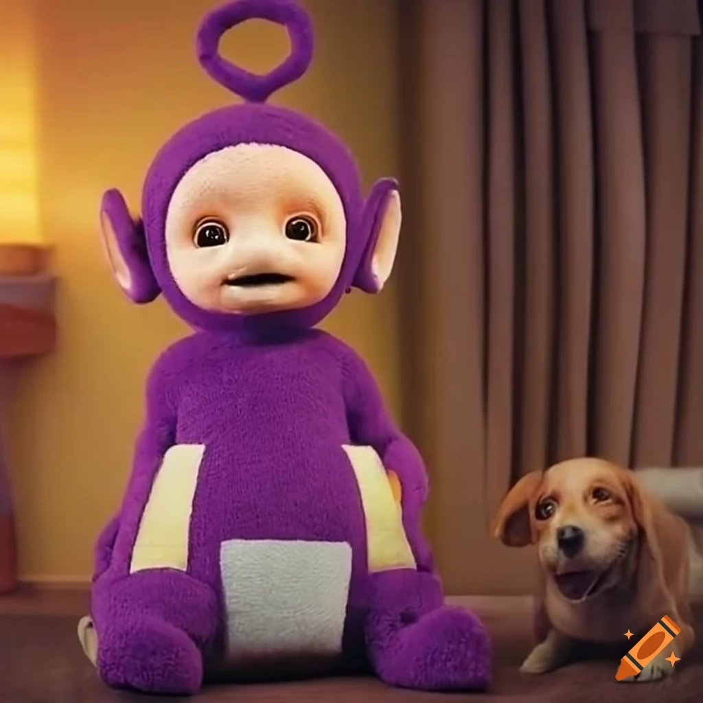 Teletubbies playing with a dog in a cozy home