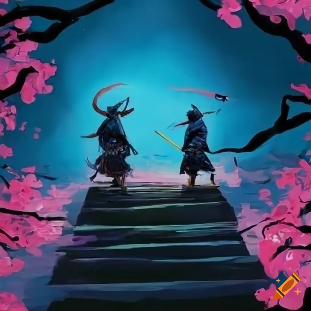 epic oil painting of ninjas battling on a cherry tree bridge