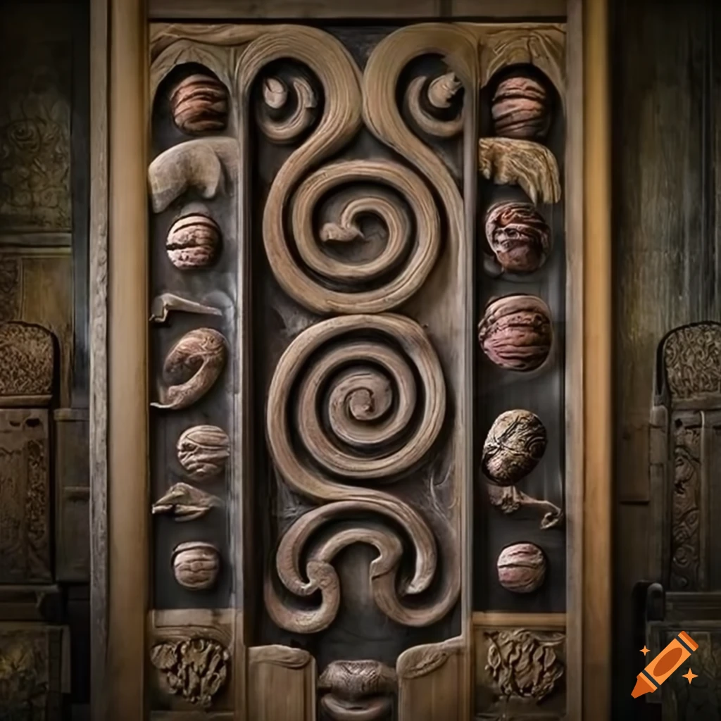 carved symbols on an ornate shale rock door