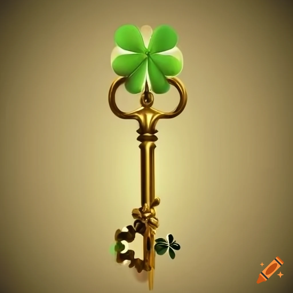 Golden key with four leaf clover design